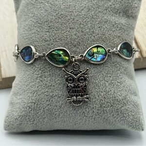 Silver tone  Owl Charm Bracelet with Abalone Accents